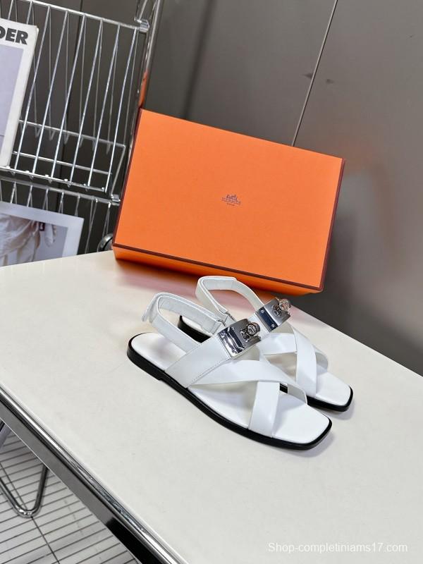 2025 Women Hermès White Calf Leather Sandals Metal Buckle KFY00300