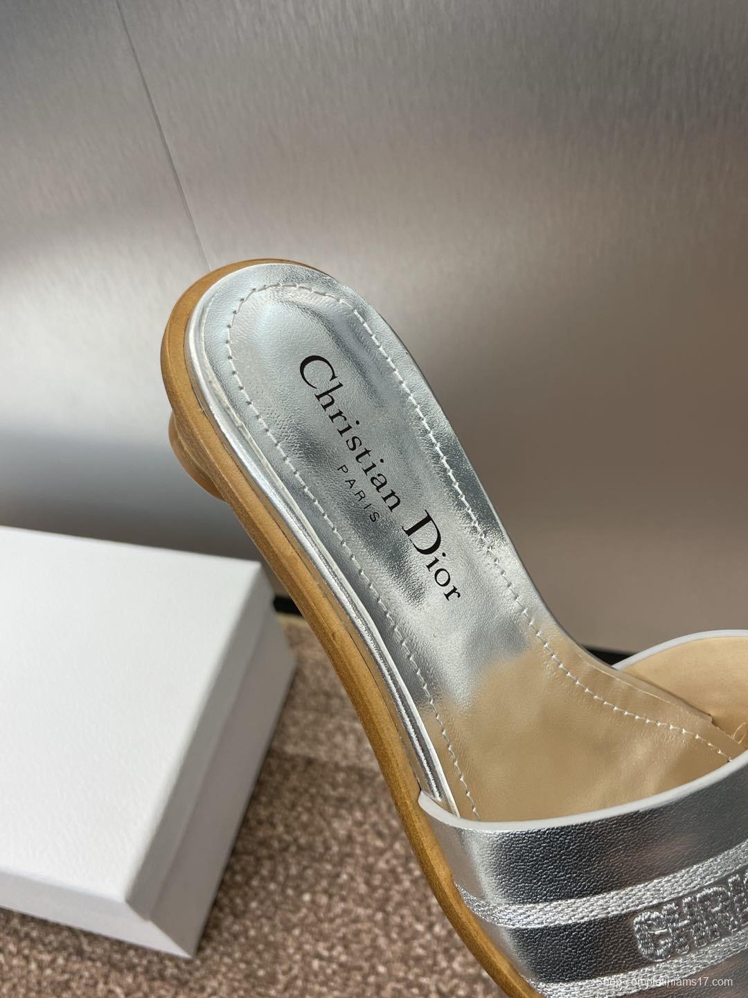 2025 Women Dior Silver Leather Slippers CD Logo KFY00300