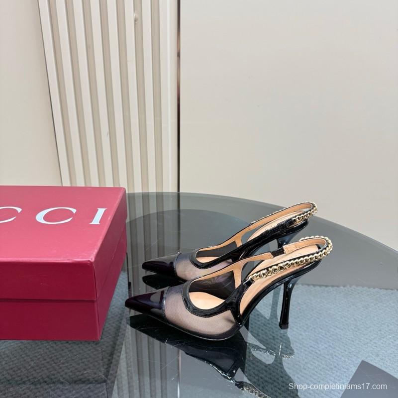 2025 Women Gucci Black Mesh Chain Strap High Heel Pumps KFY00300(F)