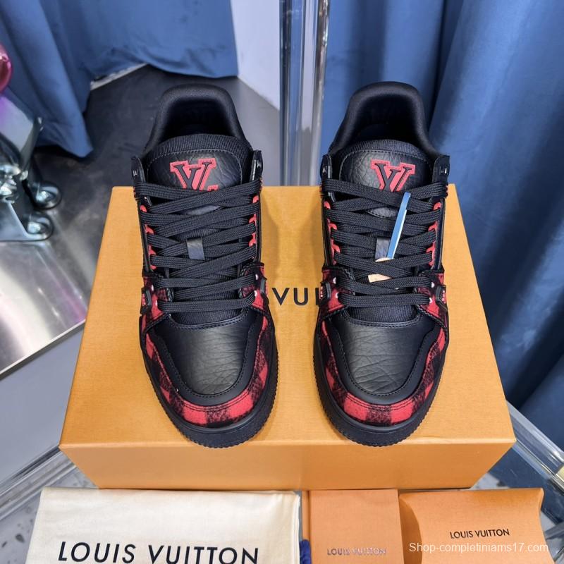2025 Unisex Louis Vuitton Black Red Leather Sneakers
