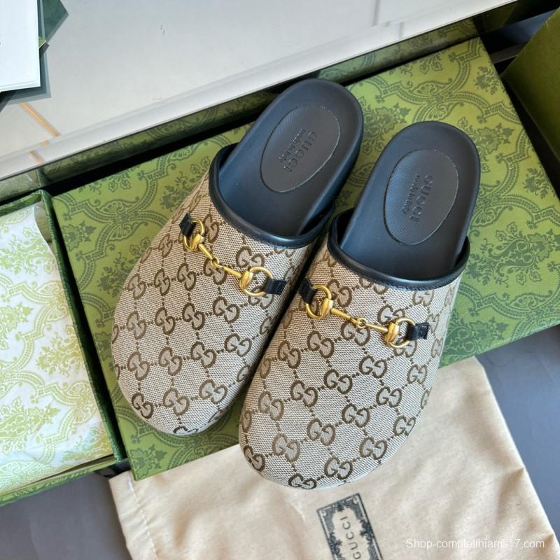2024 Slippers Gucci Beige Brown Leather GG Pattern MJ00280