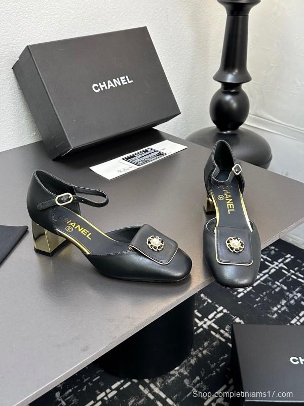 2025 Women CHANEL Black Leather Block Heel Metal Accent LY00360