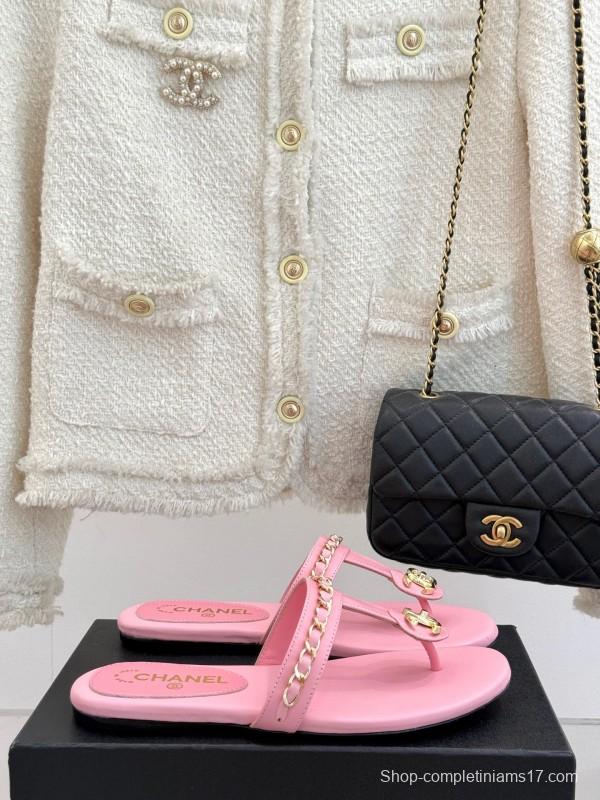 2025 Women Chanel Pink Lambskin Chain Toe Ring Sandals