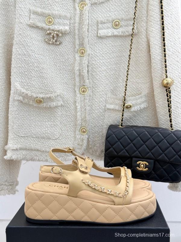 2025 Women Chanel Beige Leather Platform Sandals Chain KFY00270