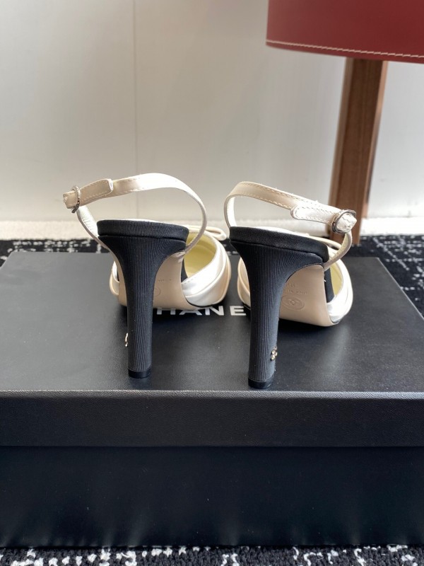 2025 Women Chanel Black White Satin Leather Slingback Heels