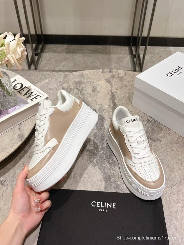 2025 Women Celine Beige White Leather Platform Sneakers