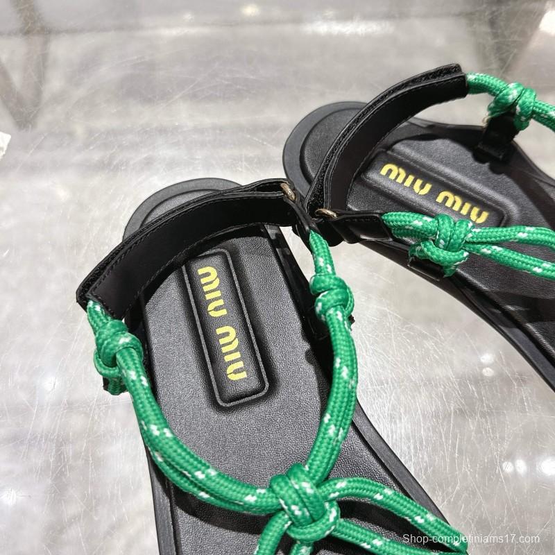 2025 Women Miu Miu Green Black Rope Leather Sandals