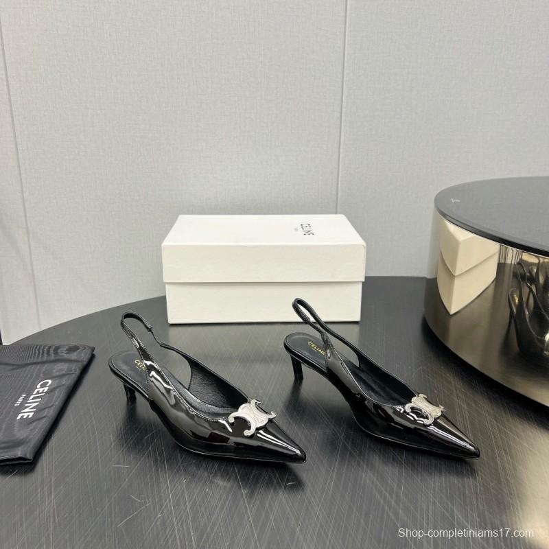 2025 Women Celine Black Patent Leather Slingback Heels KFY00290