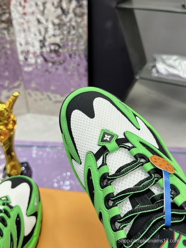 2025 Men Louis Vuitton Green Black White Mesh Leather Sneakers MJ00420