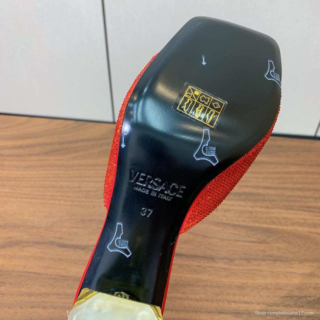 2025 Women VERSACE Red Leather Suede Slip-on Sandals