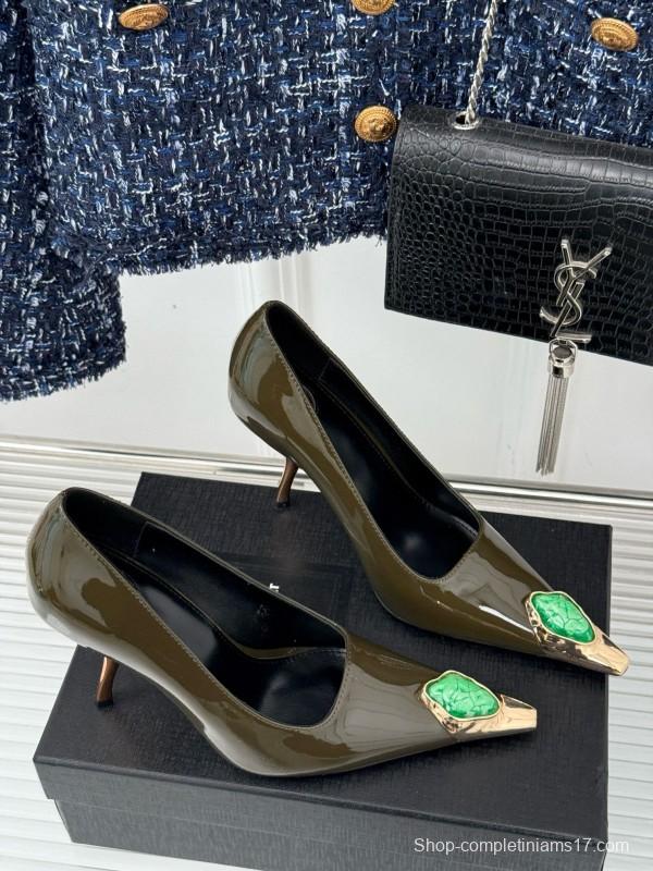 2024 Women Yves Saint Laurent Olive Green Patent Leather High Heel Gemstone MJ00330