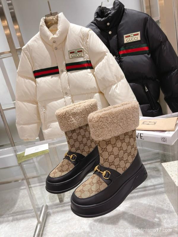 2024 Women Gucci Beige Brown Leather Snow Boots Horsebit MJ00420