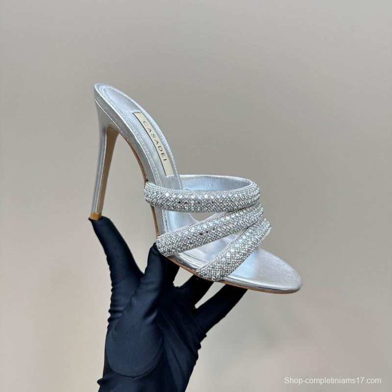 2025 Women Casadei Silver Leather High Heel Crystal Embellished KFY00290