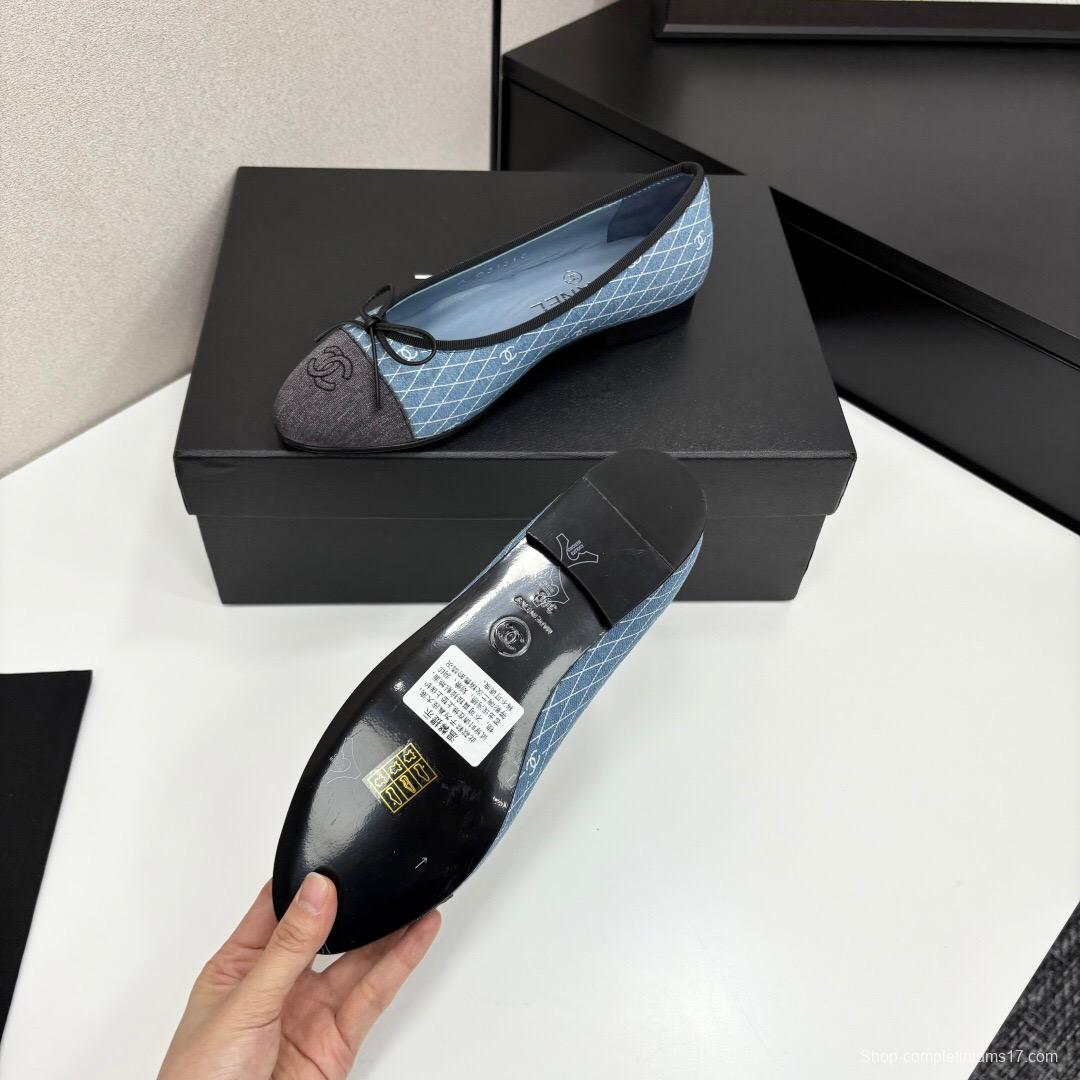 2025 Women Chanel Blue Black Fabric Leather Ballet Flats