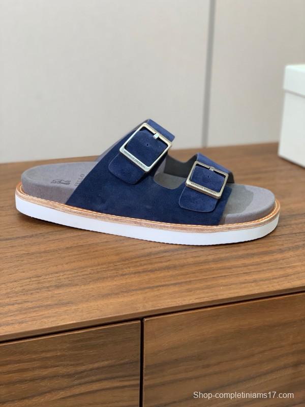 2025 Unisex Brunello Cucinelli Blue Suede Leather Slippers KFY00250