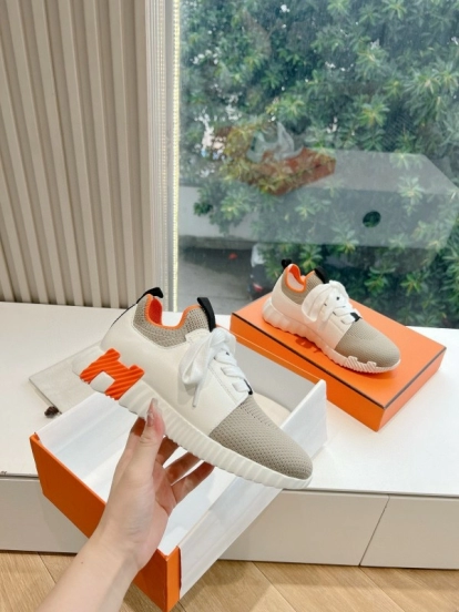 2024 Unisex Hermès Beige Orange Calfskin Suede Sneakers MJ00290(F/W)
