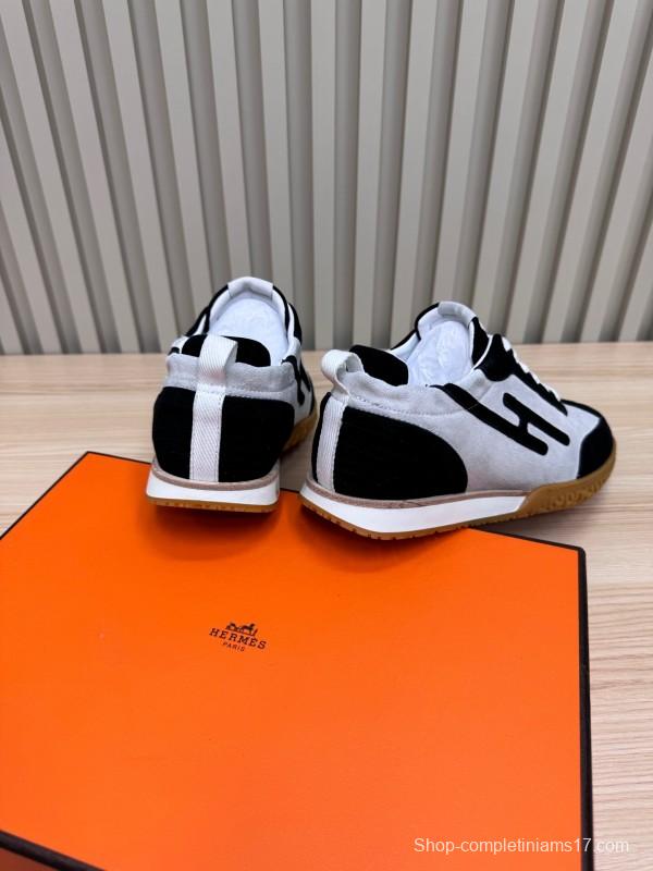 2025 Unisex Hermès Black White Suede Goat Leather Sneakers Top Version LY00310