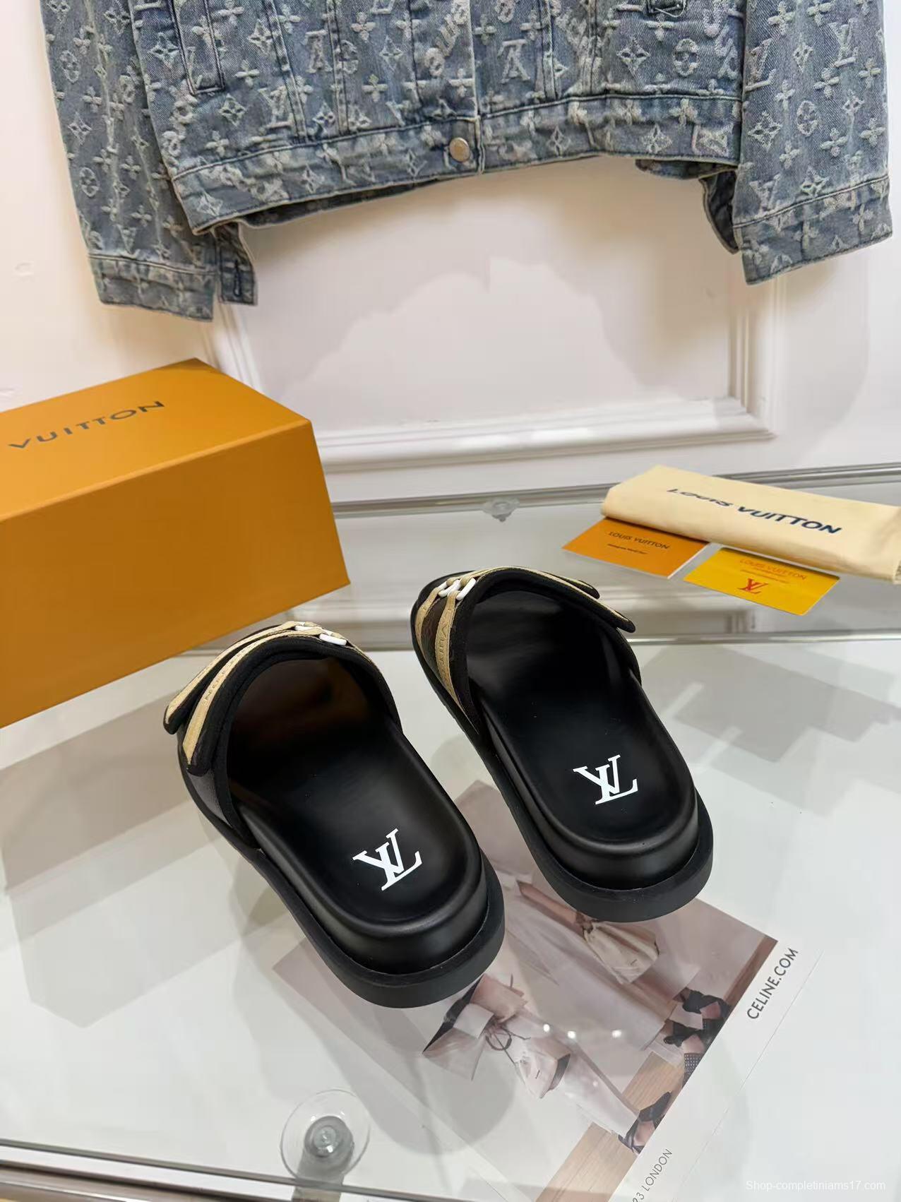 2025 Slippers Louis Vuitton Black Beige Leather Mesh Slippers LY