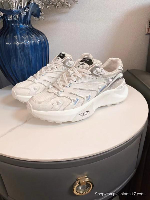 2024 Unisex Valentino White Silver Mesh Leather Sneakers MJ00410