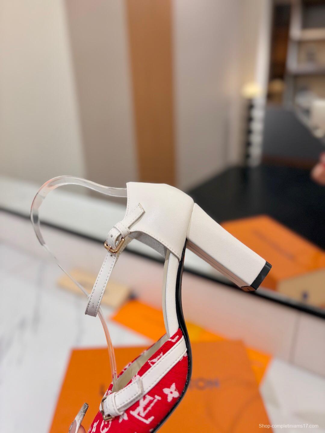 2025 Women Louis Vuitton Red White Denim Leather Heeled Sandals KFY00310