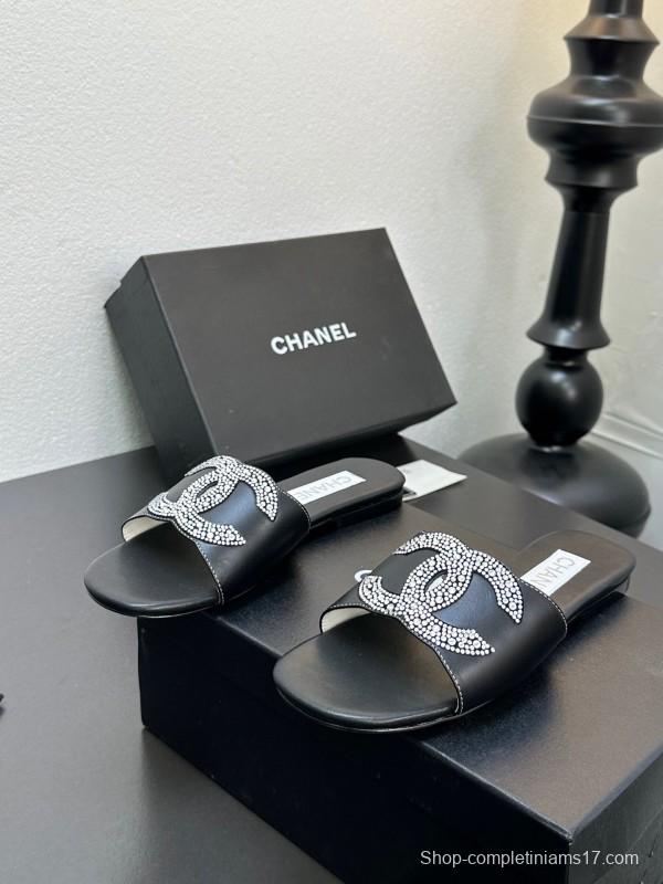 2025 Women Chanel Black Leather Rhinestone Logo Slide Sandals LY00360(F)