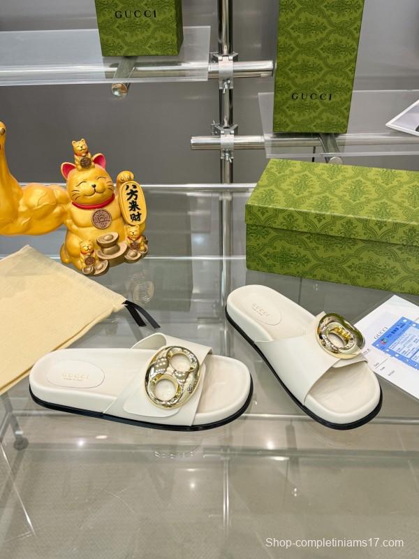 2025 Gucci White Leather Slippers KFY00210