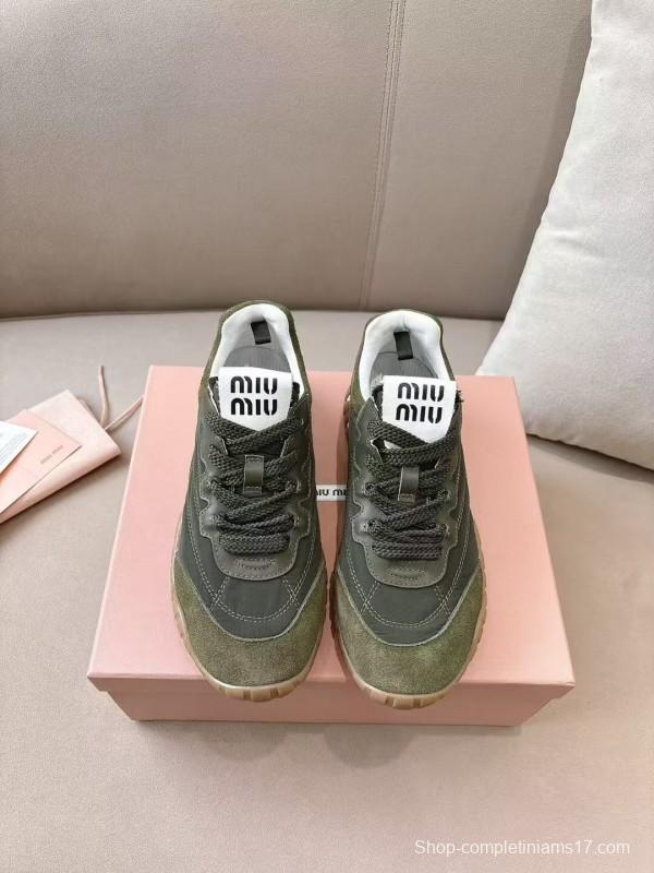 2025 Women Miu Miu Olive Green Suede Leather Sneakers KFY00280
