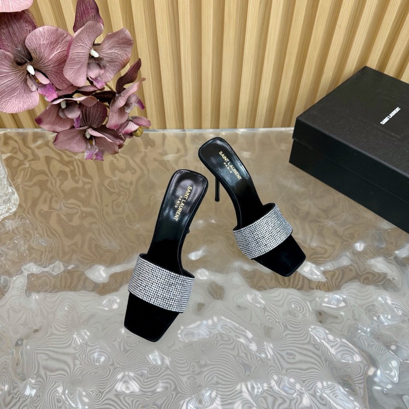 2025 Women Yves Saint Laurent Black Crystal Fabric High Heel Sandals MJ00300