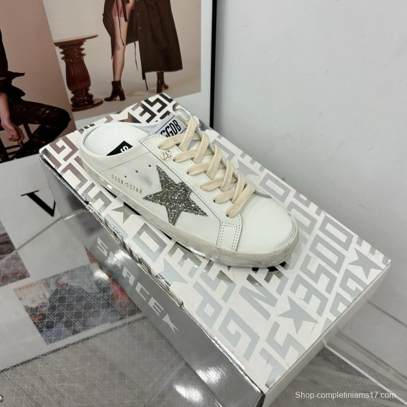 2025 Women GGDB White Silver Leather Suede Star Mules