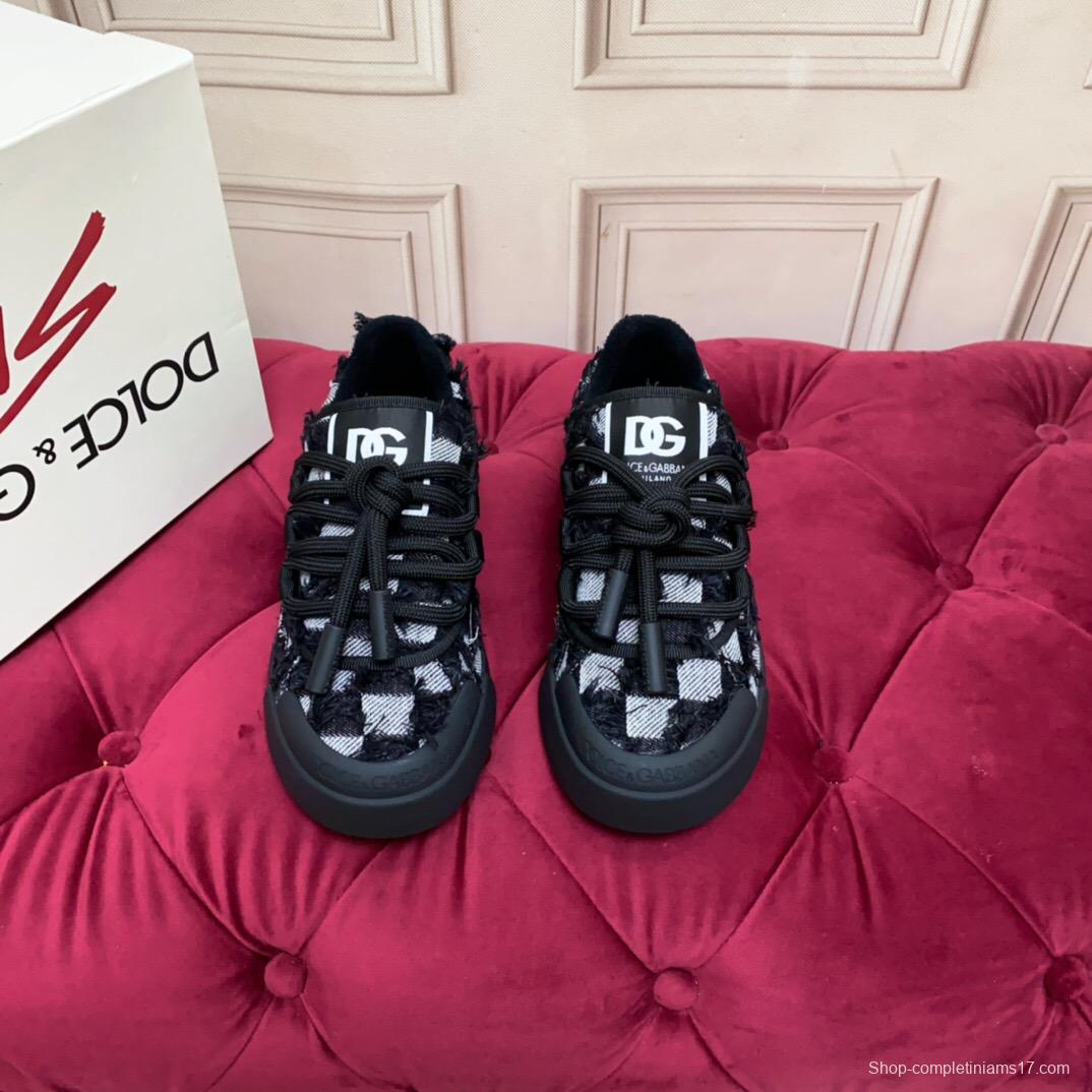 2025 Unisex Dolce & Gabbana Black White Fur Canvas Sneakers