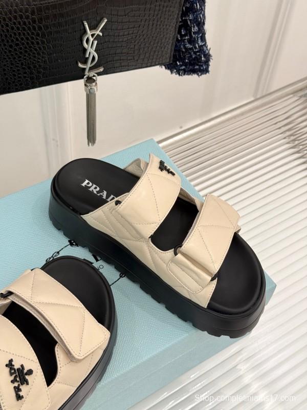 2025 Slippers Prada Beige Leather Magic Tape Platform Thick Sole