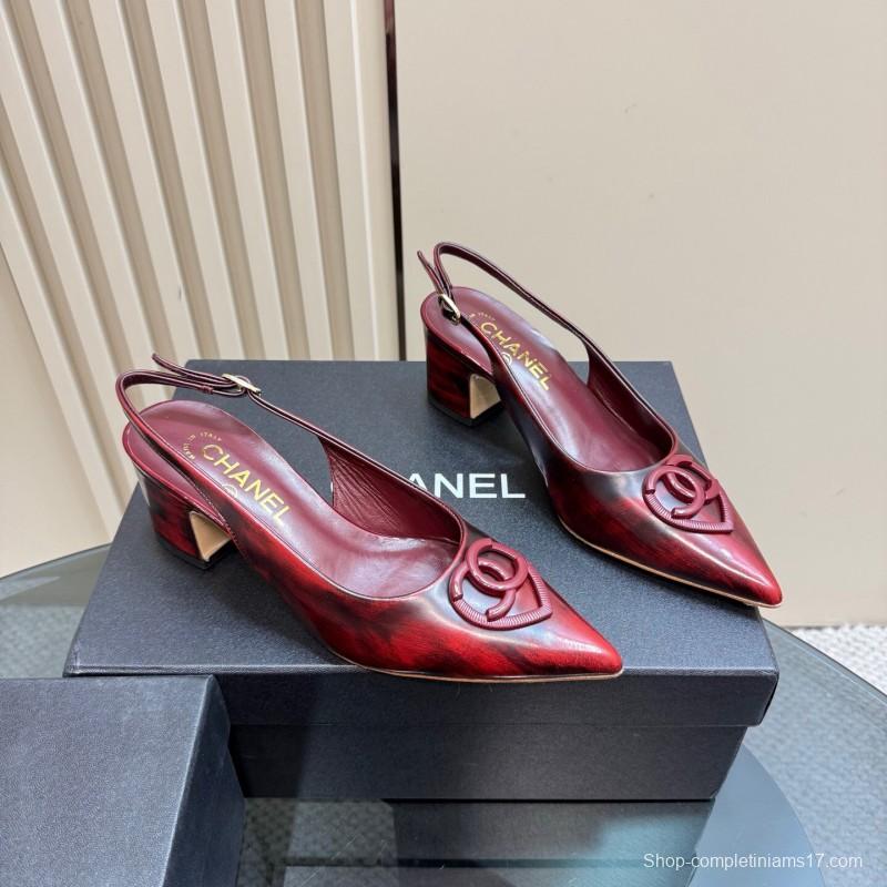 2025 Women Chanel Burgundy Leather Slingback Heels KFY00290