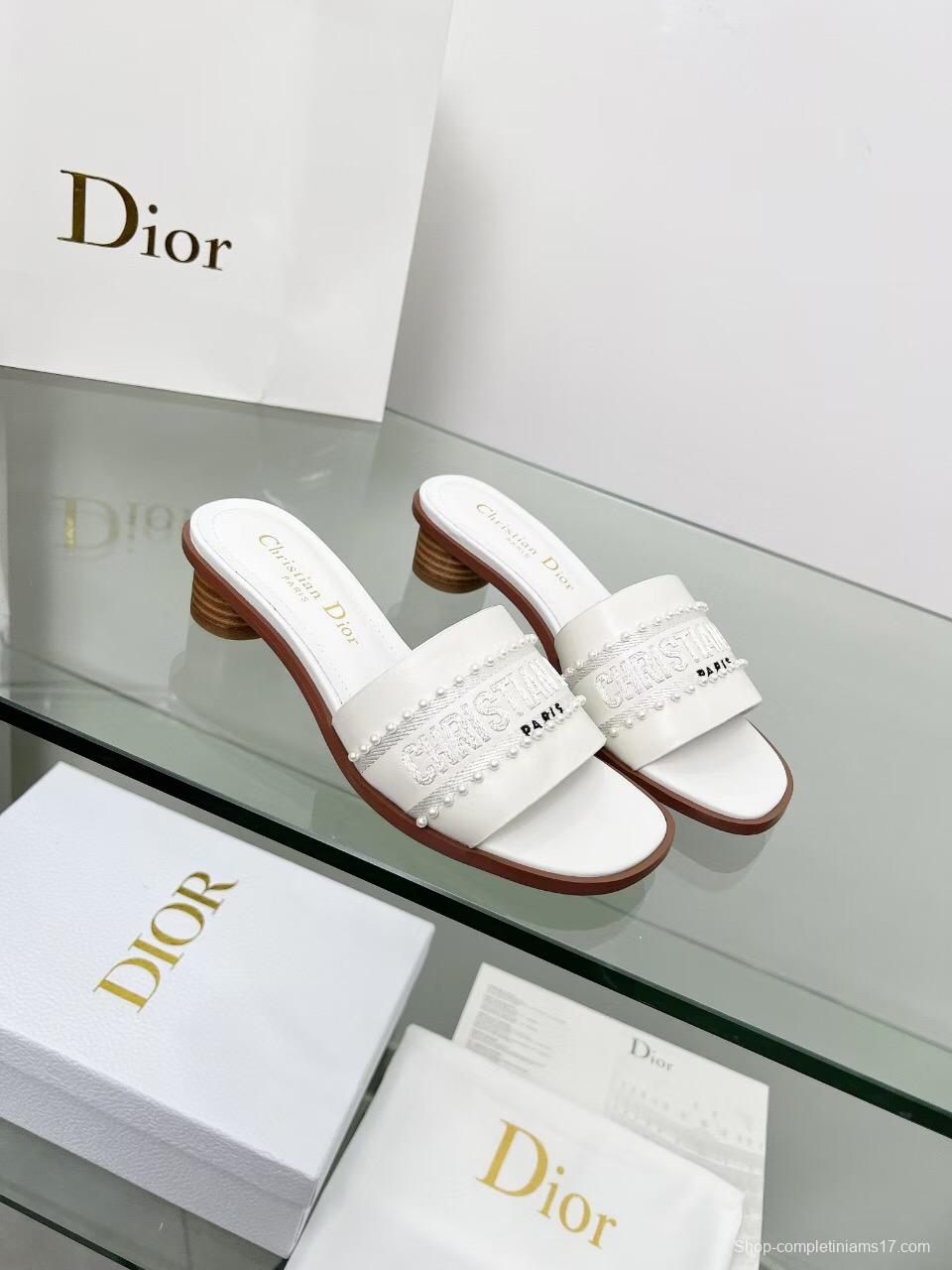 2025 Women Dior White Leather Mules Embroidered LY00210