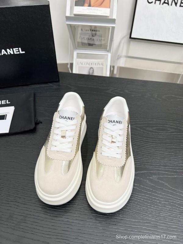 2025 Women Chanel Beige Gold Leather Suede Sneakers LY00290