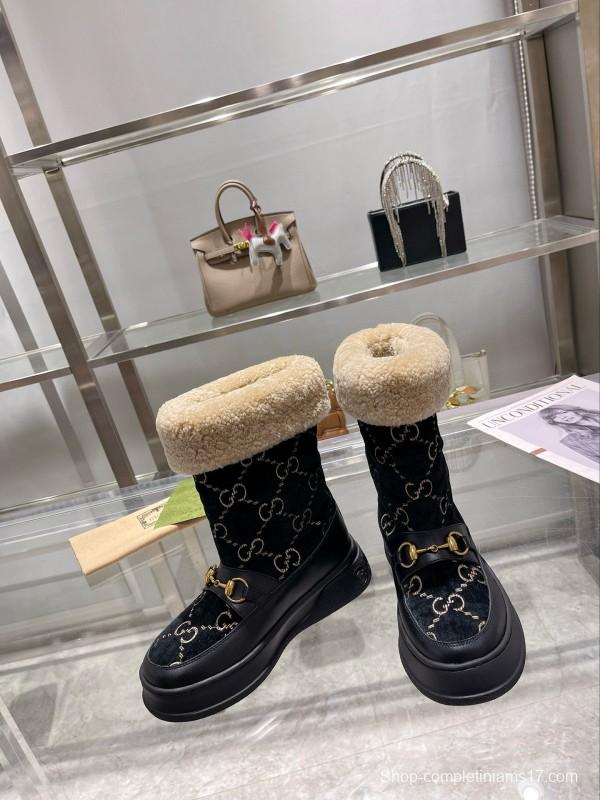 2024 Women Gucci Black Shearling Leather Snow Boots MJ00420