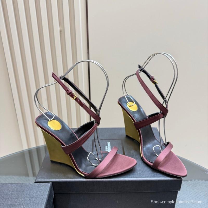 2025 Women Yves Saint Laurent Burgundy Suede Wedge Sandals Elegant Strappy Design KFY00290 (F)