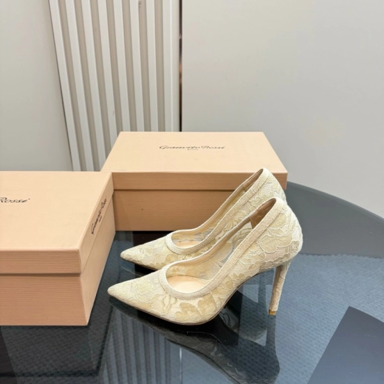 2025 Women Gianvito Rossi Beige Lace Leather High Heels KFY00280