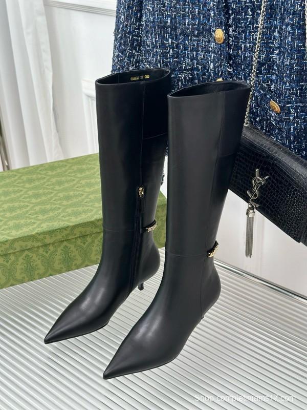 2024 Women YSL Black Leather Boots Chain Detail