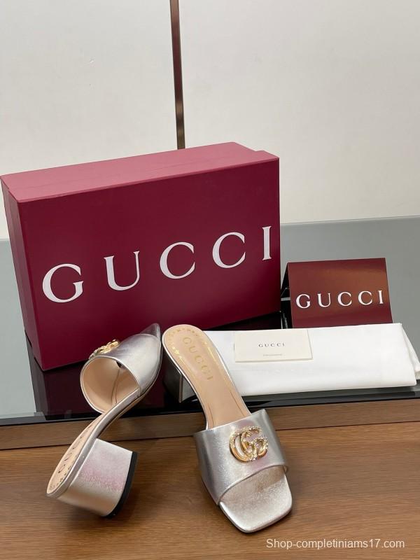 2025 Women Gucci Gold Leather Mules GG Emblem LY00280