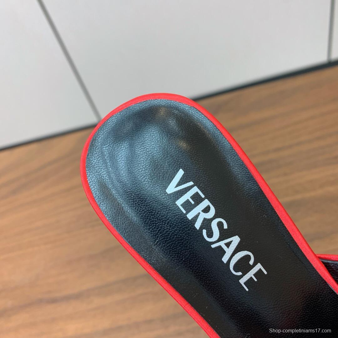 2025 Women VERSACE Red Leather Suede Slip-on Sandals