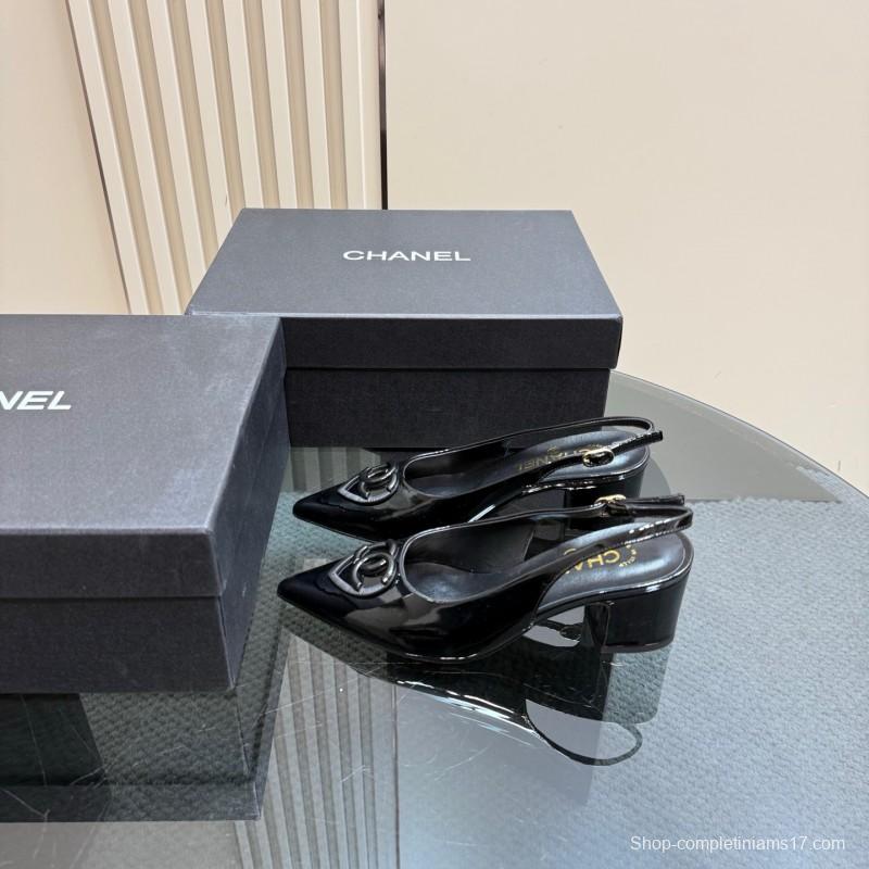 2025 Women Chanel Black Patent Leather Slingback Pumps