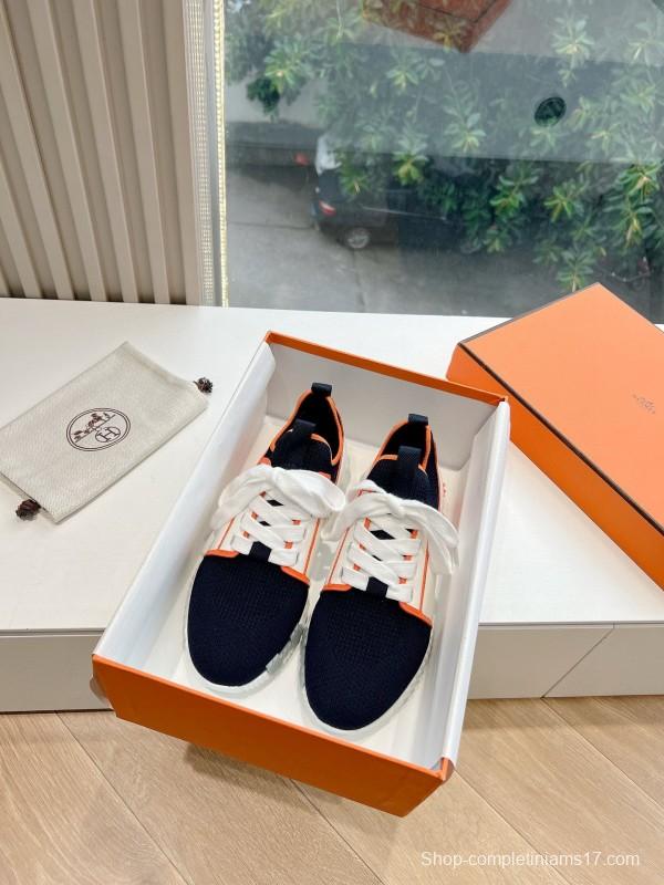 2024 Unisex Hermès 爱H Navy Orange Knit Leather Sneakers 