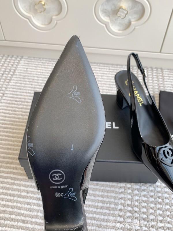 2025 Women Chanel Black Patent Leather Slingback Pumps Heart CC KFY00300