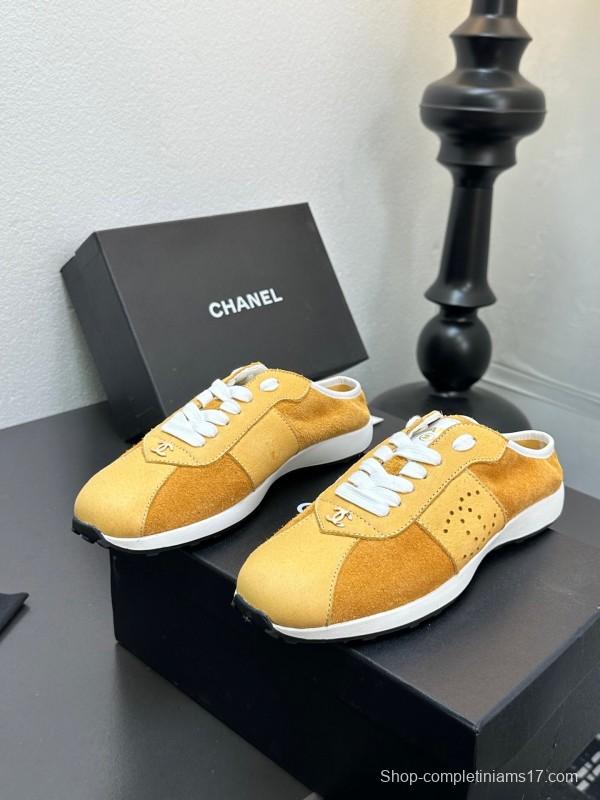 2025 Women Chanel Yellow Suede Casual Sneakers Handmade CC Logo LY00360(F)