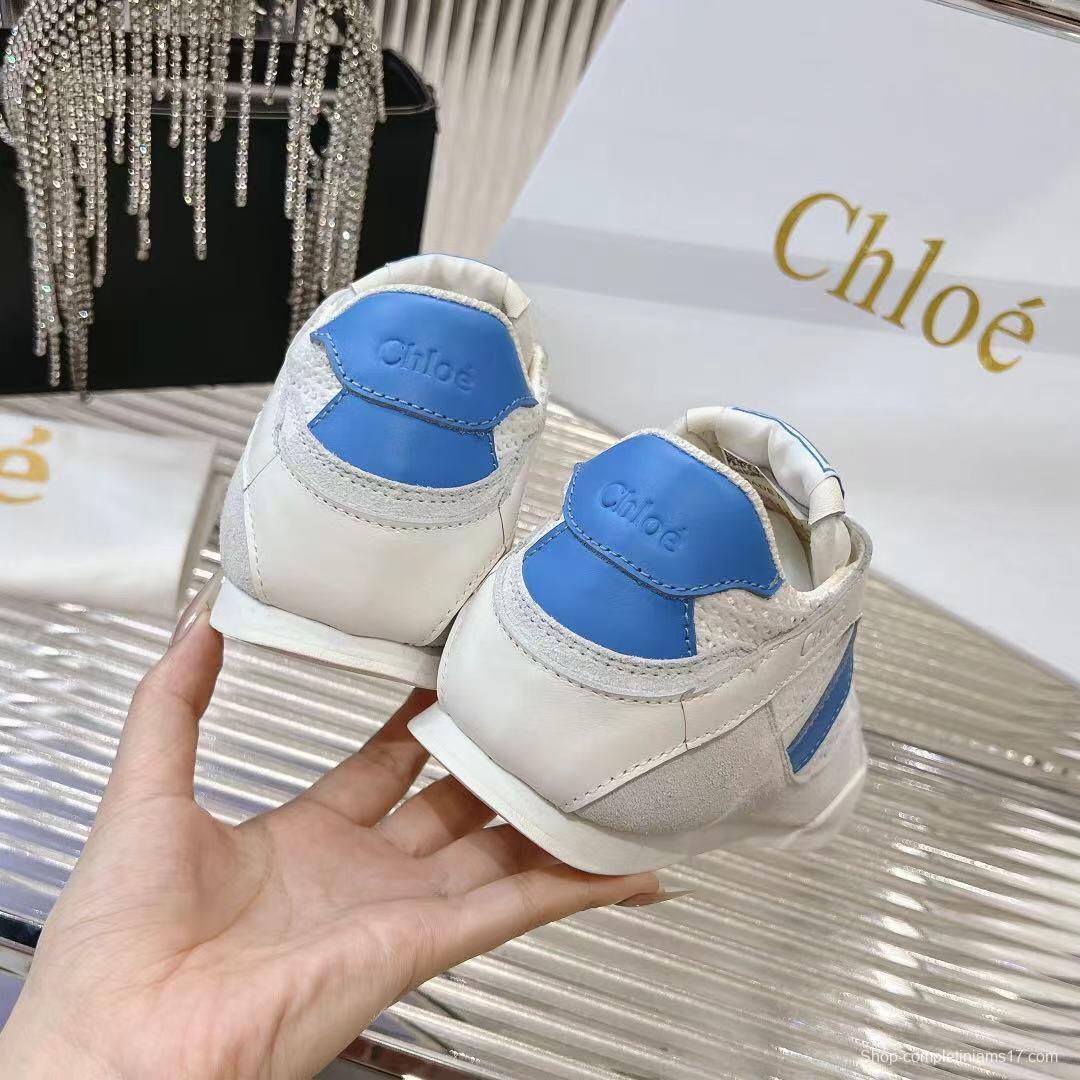 2025 Women Chloé White Blue Mesh Leather Casual Sneakers LY00280