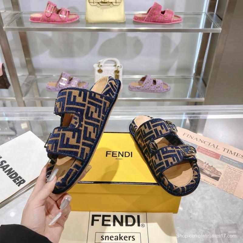 2025 Slippers Fendi Blue Brown Jacquard Buckle KFY00250