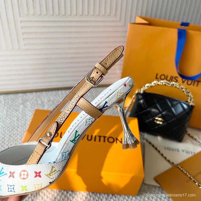 2025 Women Louis Vuitton White Multicolor Canvas Leather Slingback Pumps