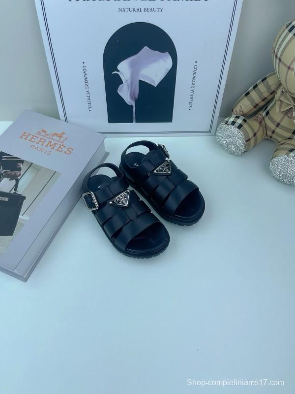 2025 Kids PRADA Black White Leather Sandals