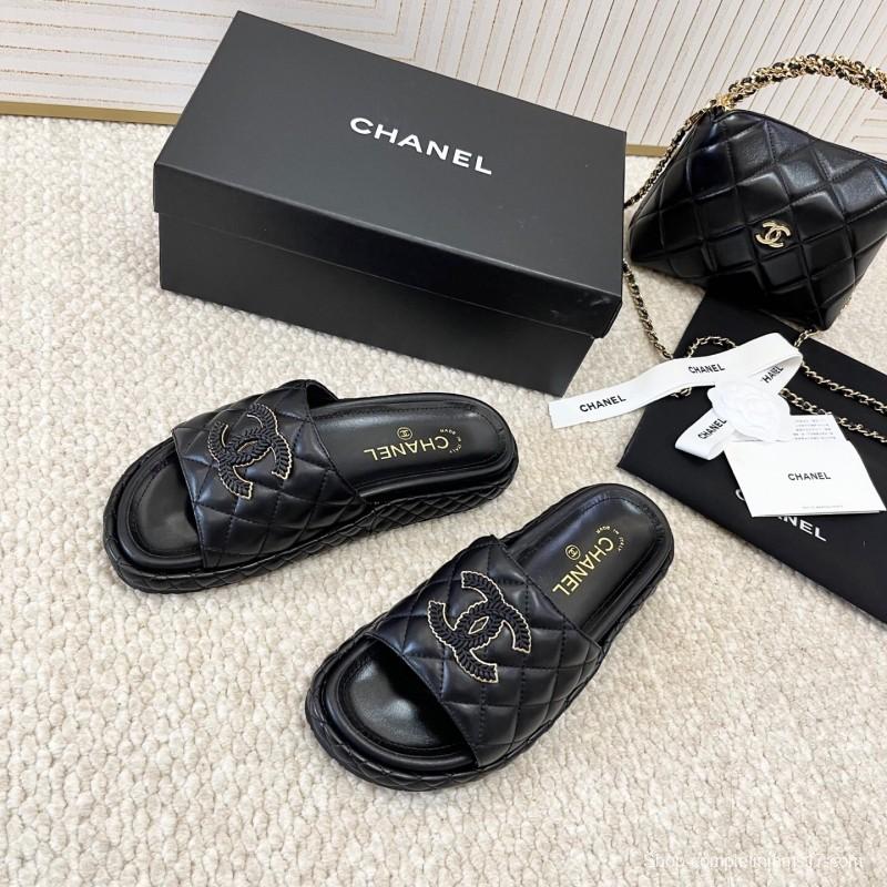 2025 Chanel Black Leather Slippers CC Stitching KFY00290