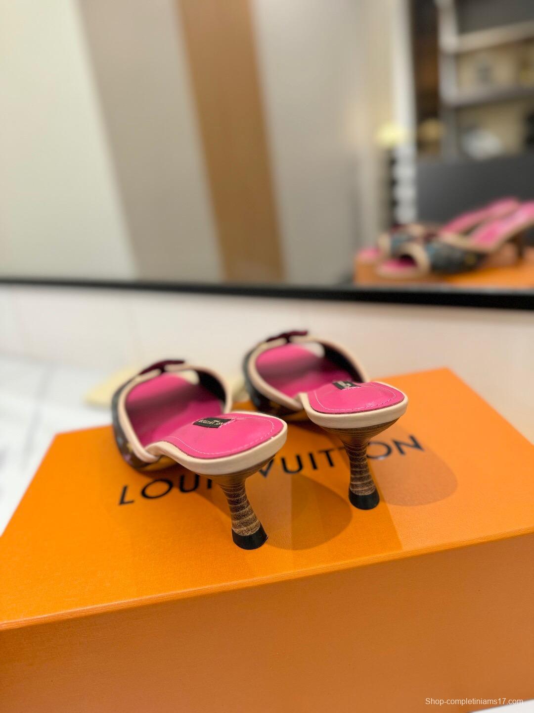 2025 Women Louis Vuitton Brown Pink Canvas Leather Sandals KFY00310